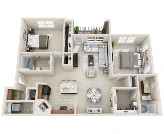 Floor plan for 2 beds, 2 baths, 1214 sqft
